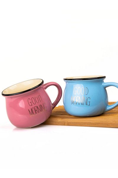 MUKKO HOME Set of 2 Enamel Look Colored Porcelain Mugs Good Morning Gold Written 250 ml