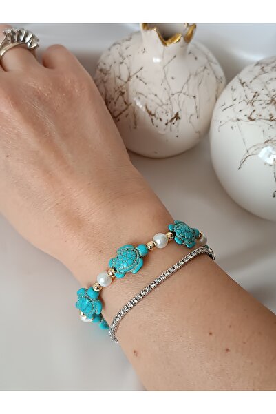 La fee aksesuar سوار من الحجر الطبيعي باللون الفيروزي السلحفاة والضغط وسوار ب...