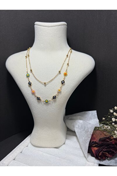 Store Kadın Çift Zincirli Papatyalı Nazar Boncuklu model Çelik Kolye