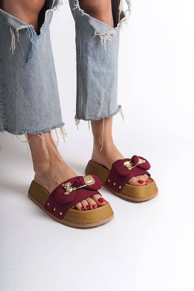Joy Ayakkabı Dila Thick and Orthopedic Sole Teddy Bear Satin Women's Slippers Kt - Claret Red