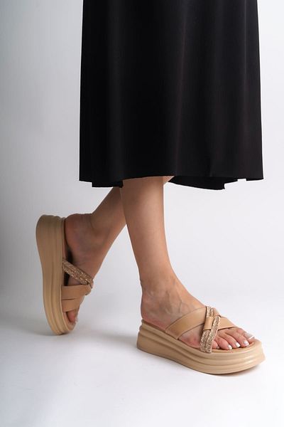 Joy Ayakkabı Ruby Flat Heeled Stone Cross Striped Thick and Orthopedic Sole Women's Slippers Tt - Ten