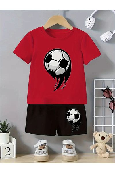 vinraus Girl\Boy Red-Black Football Ball Printed Combed Cotton Shorts-Tshirt Set