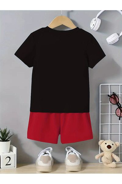 vinraus Girl\Boy's Black-Red Football Ball Printed Combed Cotton Shorts-Tshirt Set