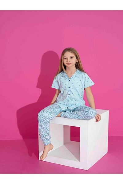 KIPIRIK BABY Set de pijamale albastre cu nasturi în față pentru fete