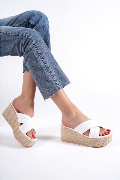Joy Ayakkabı Joymix Wedge Heeled Orthopedic Sole Straw Look Women's Slippers Kt - White