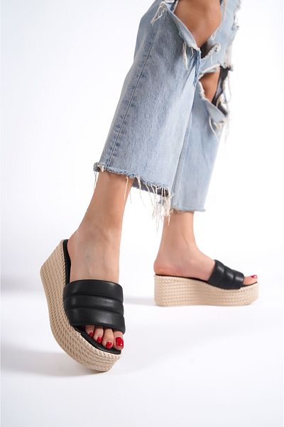 Joy Ayakkabı Reina Wedge Heeled Orthopedic Sole Straw Look Women's Slippers Kt - Black