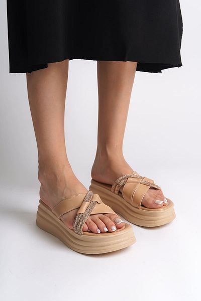 Joy Ayakkabı Ruby Flat Heeled Stone Cross Striped Thick and Orthopedic Sole Women's Slippers Tt - Ten