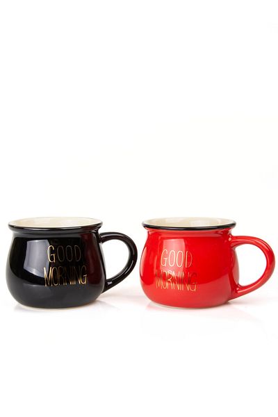 MUKKO HOME Set of 2 Enamel Look Colored Porcelain Mugs Good Morning Gold Written 250 ml