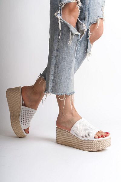 Joy Ayakkabı Marla Wedge Heels Orthopedic Sole Straw Look Knitwear Women's Slippers Kt - White