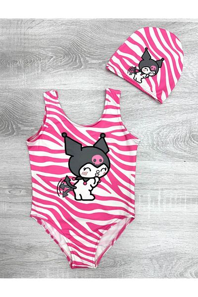 Sipsirin Pink Zebra Patterned Cute Character Girl's Swimsuit & Cap Set 2-10 Years