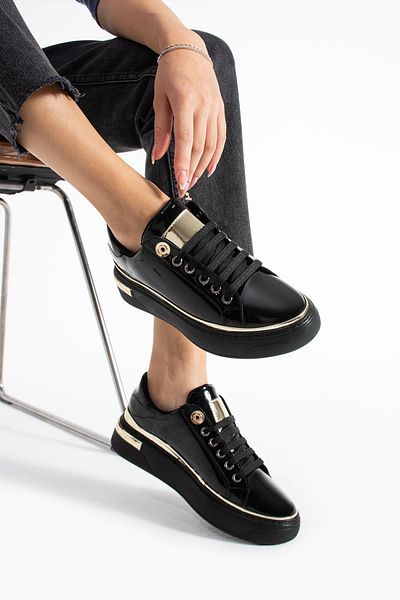 PARİS Women's Black S. Patent Leather Thin Stripe Detailed Sports Shoes