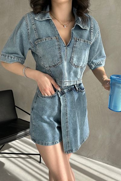 LB Laluna Butik Set de blugi cu bluză albastră și fustă asimetrică