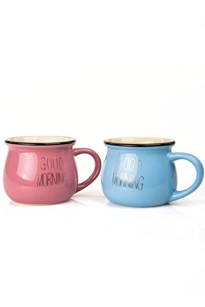 MUKKO HOME Set of 2 Enamel Look Colored Porcelain Mugs Good Morning Gold Written 250 ml