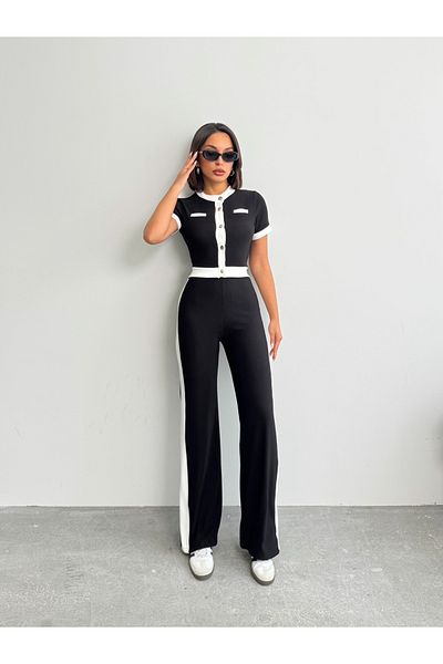 Lusin Women's Black Stylish Stripe Detailed Short Sleeve Blouse Pants Bottom Top Two Piece Summer Suit