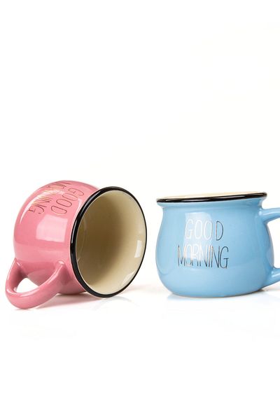MUKKO HOME Set of 2 Enamel Look Colored Porcelain Mugs Good Morning Gold Written 250 ml