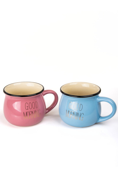 MUKKO HOME Set of 2 Enamel Look Colored Porcelain Mugs Good Morning Gold Written 250 ml