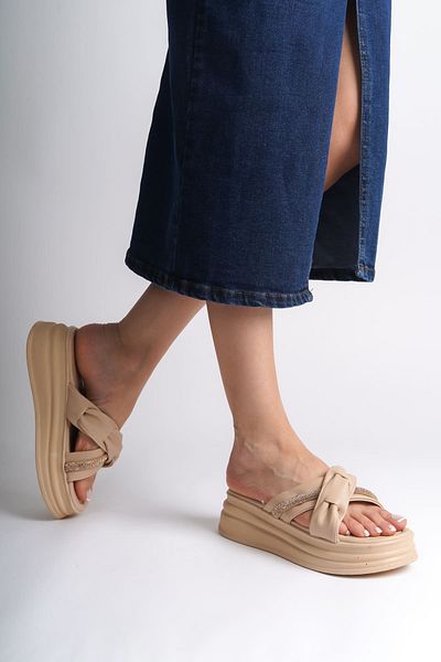 Joy Ayakkabı Clara Flat Heeled Ribbon Patterned Stone Thick and Orthopedic Sole Women's Slippers Tt - Skin