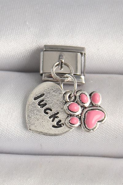 BESKAR 316L Steel Silver Color Pink Paw'Lucky' Engraved Heart Model Nomination Charm
