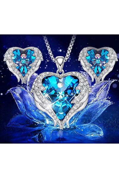 Monemel Taşlı Kalp Kolye ve Küpe Set (Altın Kaplama)