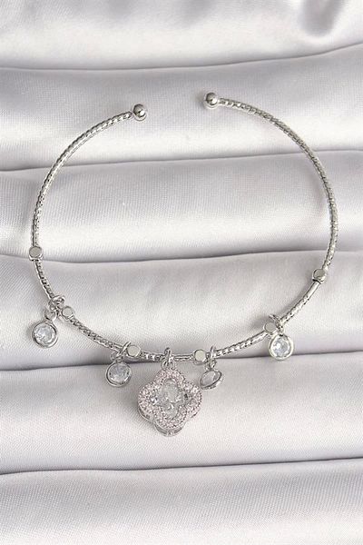 Clariss Brass Silver Color Dangle Zircon Stone Clover Figure Charm Women's Bracelet