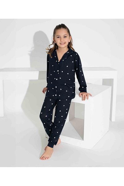 Tarık Girl's Heart Patterned Buttoned Long Sleeve Pijama Suit