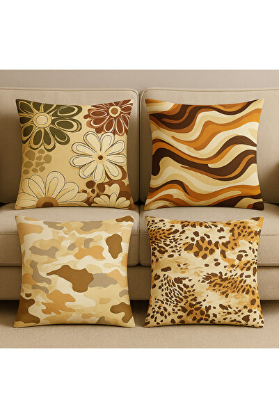 TURKISHRUG KINGDOM طقم وسادة رمي الفهد مكون من 4 قطع، غطاء وسادة بيج كريمي مط...