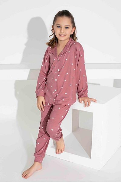 Tarık Girl's Heart Patterned Buttoned Long Sleeve Pijama Suit