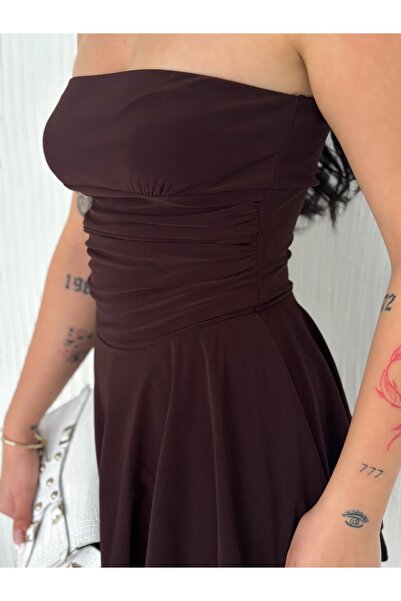 Diviny Γυναικείο καφέ στράπλες φόρεμα με σορτς και βολάν καλοκαιρινό φόρεμα