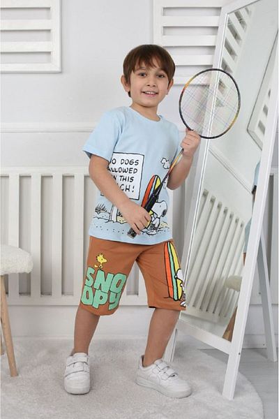 Yağmur Giyim ISOB Blue Snoopy Model 100% bumbac Costum pentru băiat cu mânecă scurtă și pantaloni scurți 3-12 ani 24408-M