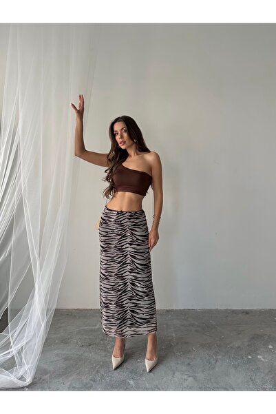Paw Garage Kadın Livia Astarlı Likralı Desenli Uzun Tül Etek