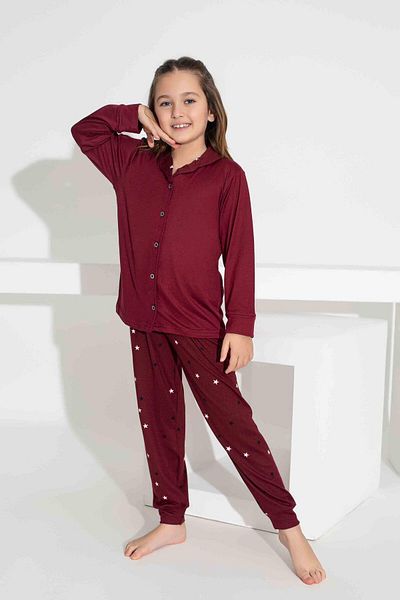 Tarık Girl's Collar Heart Patterned Buttoned Long Sleeve Pijama Set