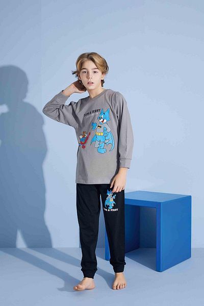 Tarık Children's Cute Cat Patterned Long Sleeve Pijama Suit