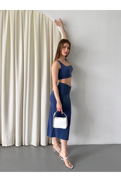 FEWTİNT Front Gather Detailed and Lined Crop Blouse with Midi Skirt and Thick Straps