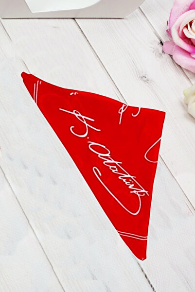 indirimsepeti Atatürk Büyük İmzalı Kırmızı Kare Bandana Fular %100 Pamuk - 23 Nisan, 19 Mayıs ve Yaz Etkinlik