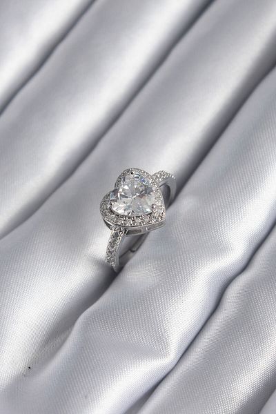 Skygo Zircon Stone Brass Silver Heart Charm Women's Ring - TJ-BYK2952