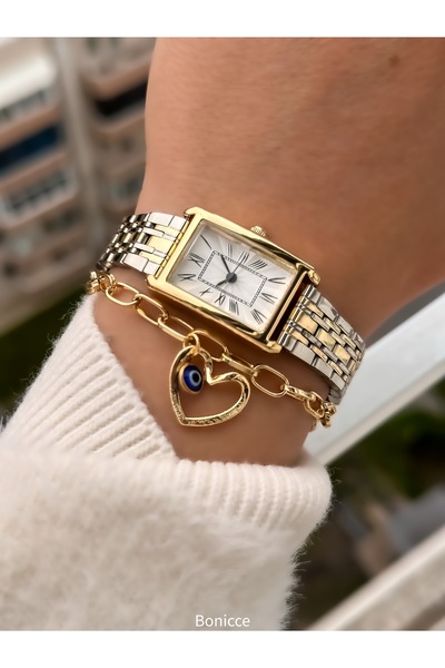 Bonicce Marka Gümüş/Sarı Renk Kelepçe Kordon Dikdörtgen Kasa Taşlı Kadın Kol Saati+Nazar Boncuklu Bileklik