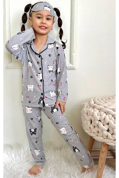 KIPIRIK BABY Girl's Buttoned Cat Patterned Long Sleeve Pijama Suit