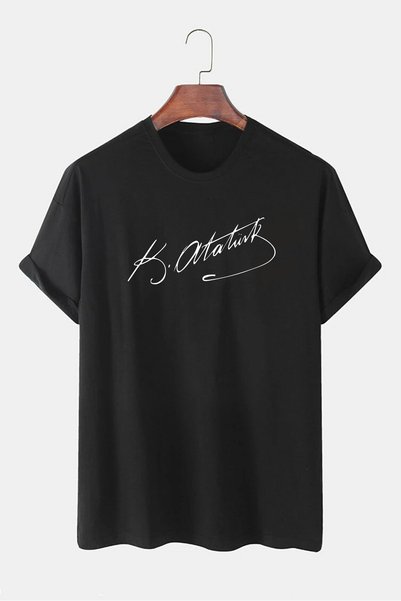 Elvellon Mustafa Kemal Atatürk Imza Tişört- Oversize Kalıp - Unisex- 100% Pam...