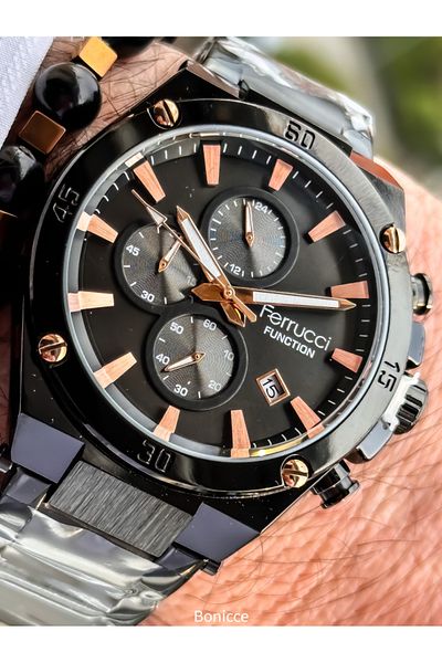 Ferrucci Functions Active Black Dial, Black Steel Band, Warranty, Men's Wristwatch Bracelet with Calendar