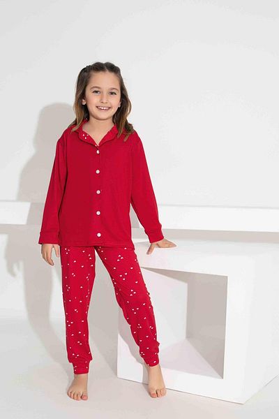 Tarık Girl's Collar Heart Patterned Buttoned Long Sleeve Pijama Set
