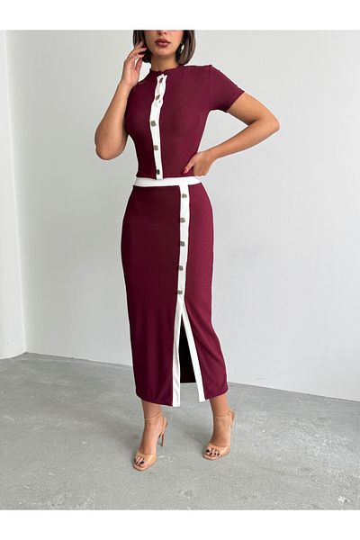 Lusin Women's Burgundy Stylish Button Detailed Blouse Skirt Double Knitwear Set