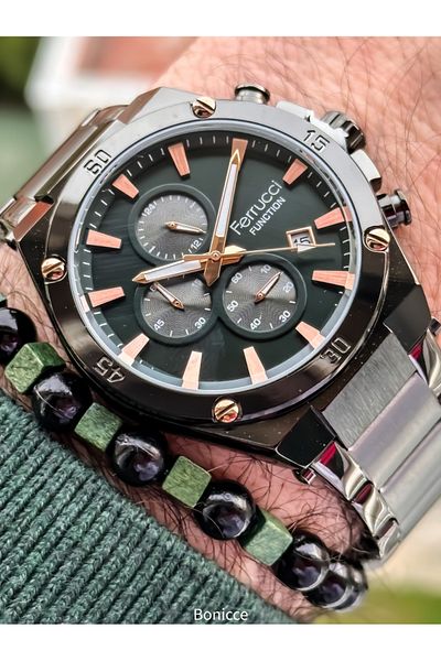 Ferrucci Functions Active Green Dial, Smoked Steel Band, Guaranteed, Men's Wristwatch Bracelet with Calendar