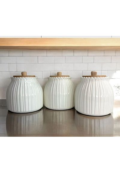 Kitchen Pembelia Porcelain Jar Set with Bamboo Lid - 3-Piece Papaya Pattern Cheers, Tayfa and Salt Storage Container