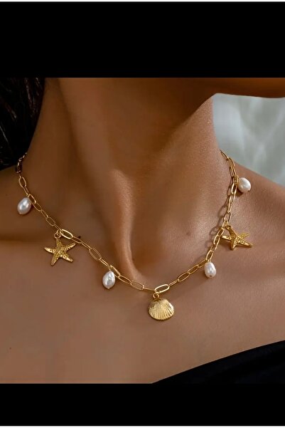 By Song Aksesuar Gerçek incili deniz yıldızlı , deniz kabuklu charm çelik kolye