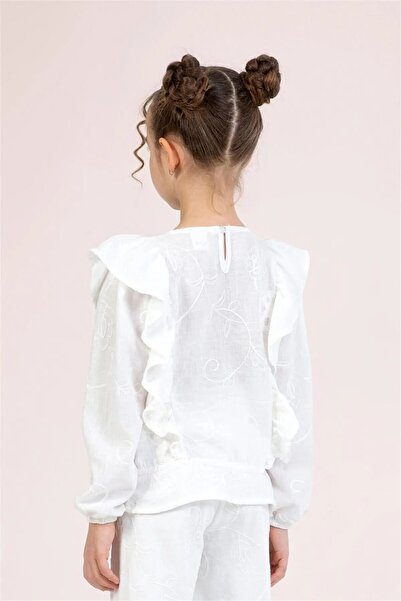 Elabutik M 9606 Дівчача блузка з вишивкою 4-9 років - Екрю