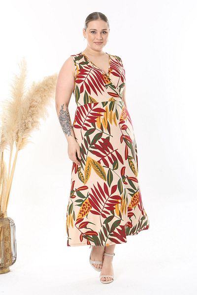 Madwilo Women's Beige Burgundy Floral Pattern Sleeveless Double Breasted Collar Large Size Maxi Dress