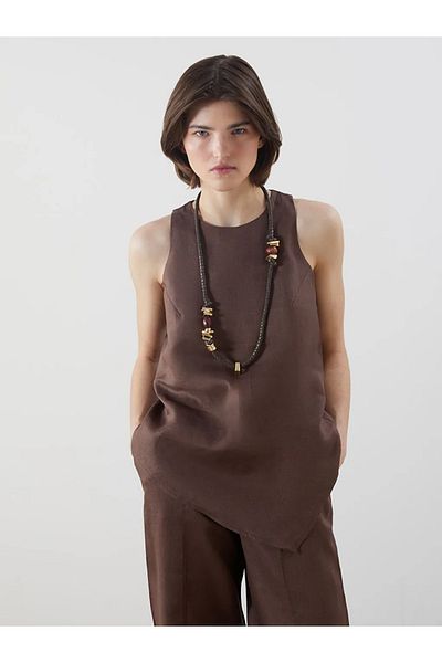 LC Waikiki Γυναικεία μπλούζα LCW Vision Brown Crew Neck Λινό Μικτή
