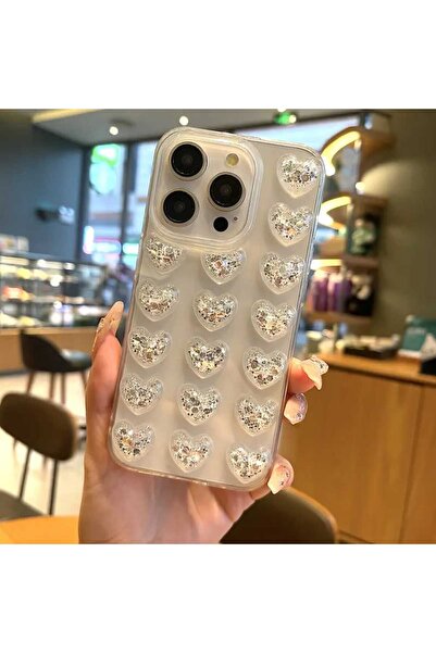 shop Iphone 15 Pro Max Uyumlu 3d Kabartmalı Simli Kalp Detaylı Şeffaf Kılıf K...