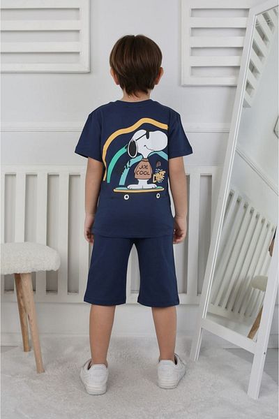Yağmur Giyim İsob Navy Blue Snoopy Patterned 100% Cotton Boy's Short Sleeve Shorts Suit 3-12 Years 24407-L