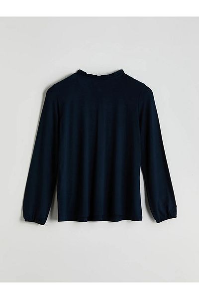 LC Waikiki Lcw grace navy blue ruffled Mock Neck women's blouse